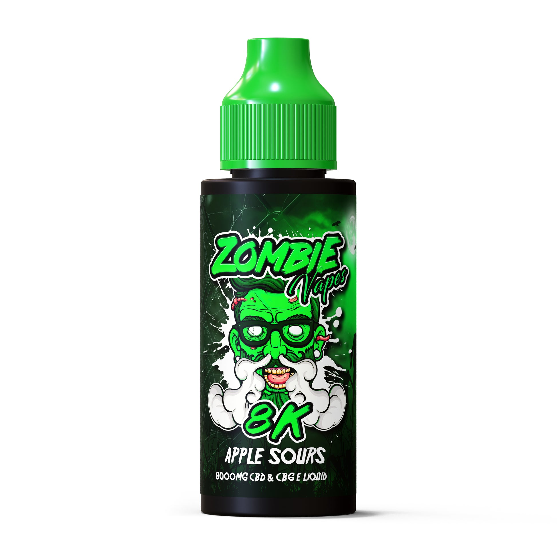 Zombie Vapes 8K Apple Sours vape juice bottle with green cap on a white background