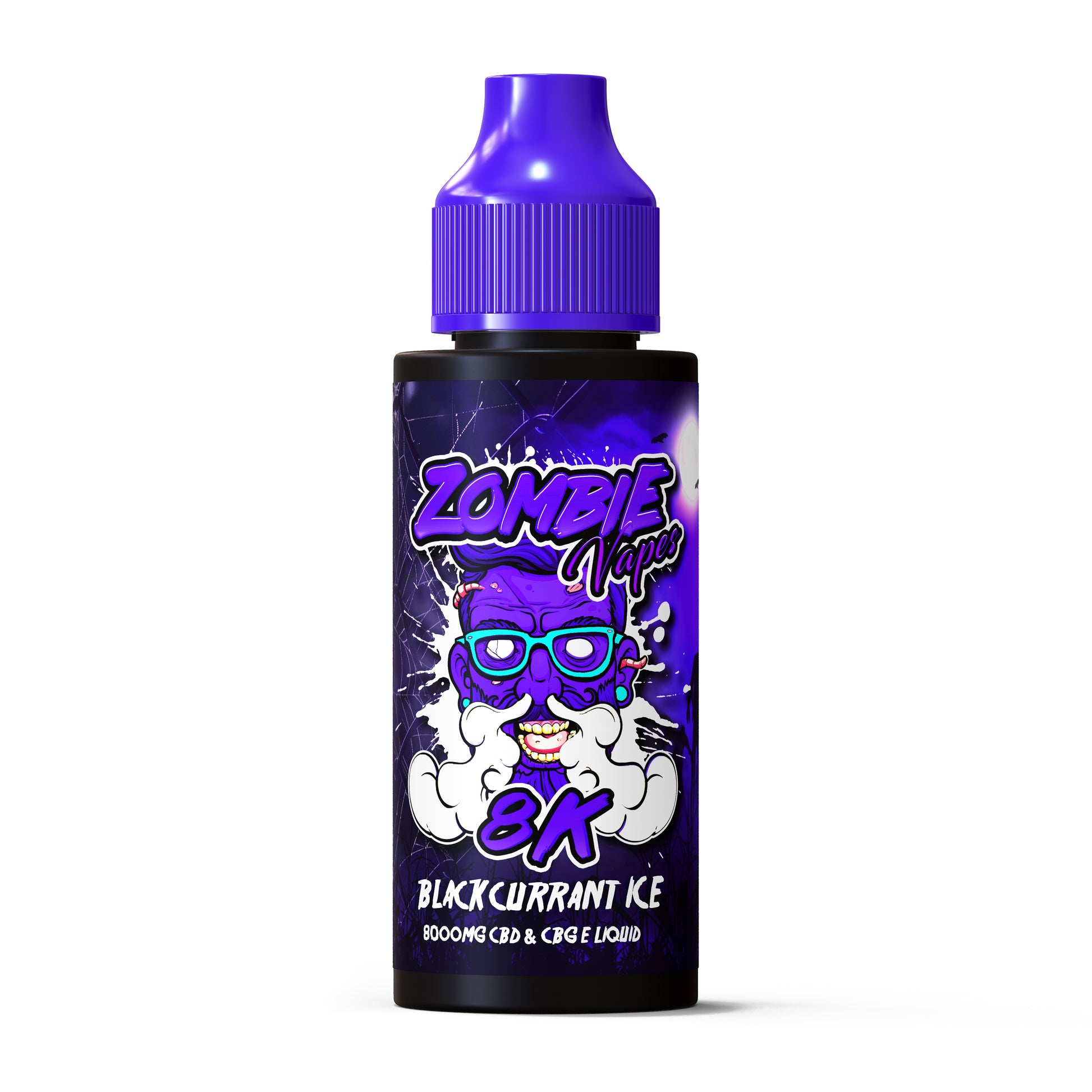 Zombie Vapes Blackcurrant Ice e-liquid bottle with purple cap on a white background