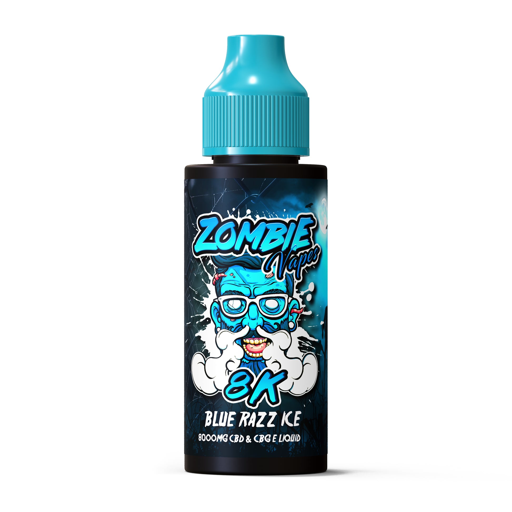 Zombie Vapes 8X Blue Razz Ice vape juice bottle on a white background