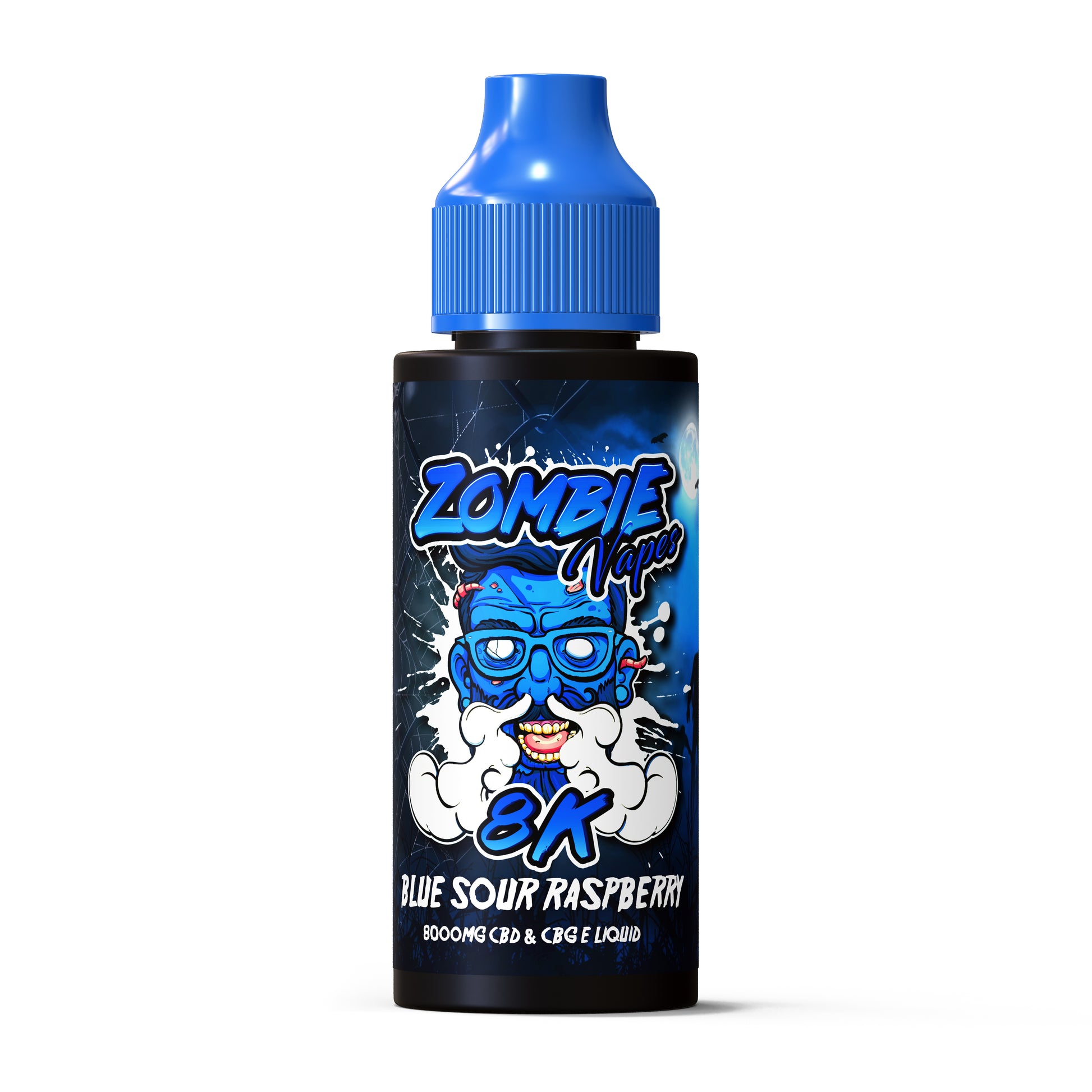 Zombie Vapes e-liquid bottle with blue cap on a white background