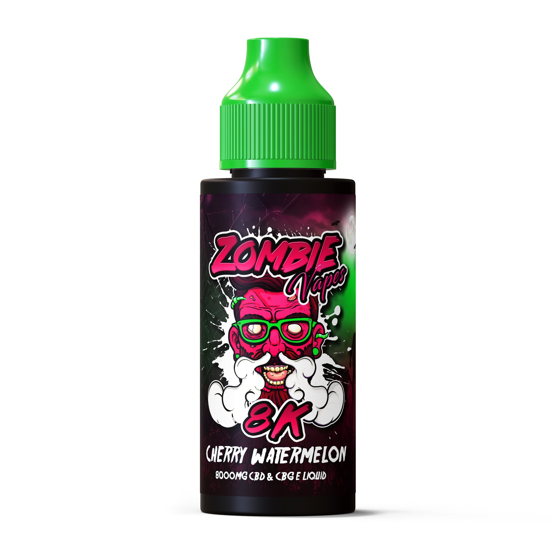 Zombie Vapes cherry watermelon vape juice bottle with green cap on white background