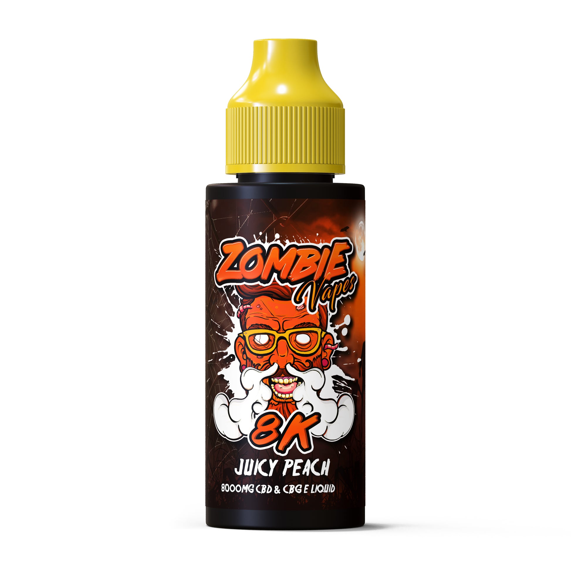 Zombie Vapes 8K Juicy Peach vape juice bottle with a yellow cap on a white background