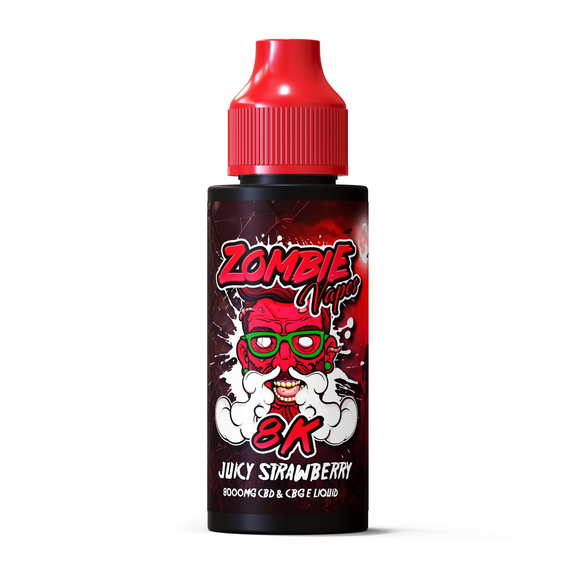 Zombie Vapes 8K Juicy Strawberry vape juice bottle with red cap on white background