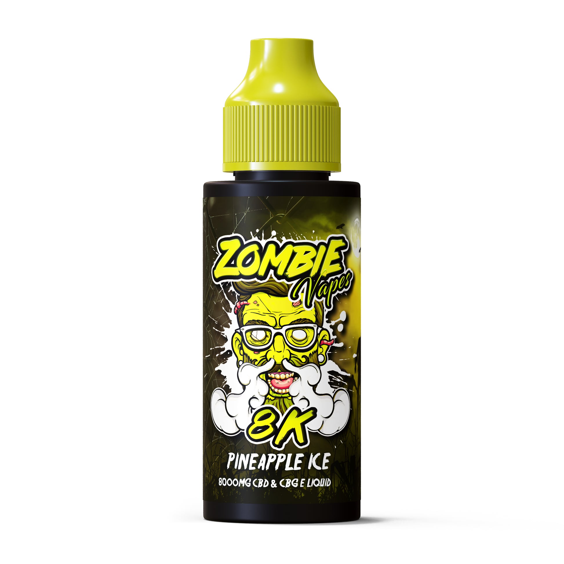 Zombie Vape Pineapple Ice vape juice bottle with yellow cap on a white background