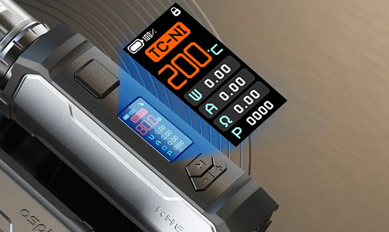 Vape mod with temperature control settings displayed