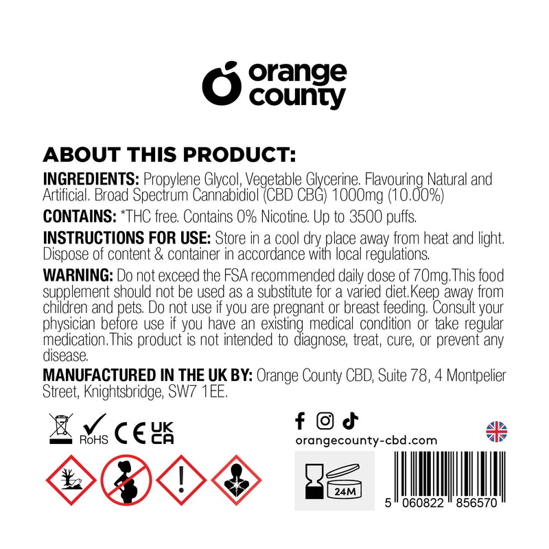 Orange County Kiwi Guava Passion Fruit Disposable 3500 Puff - CBD/CBG 1000mg